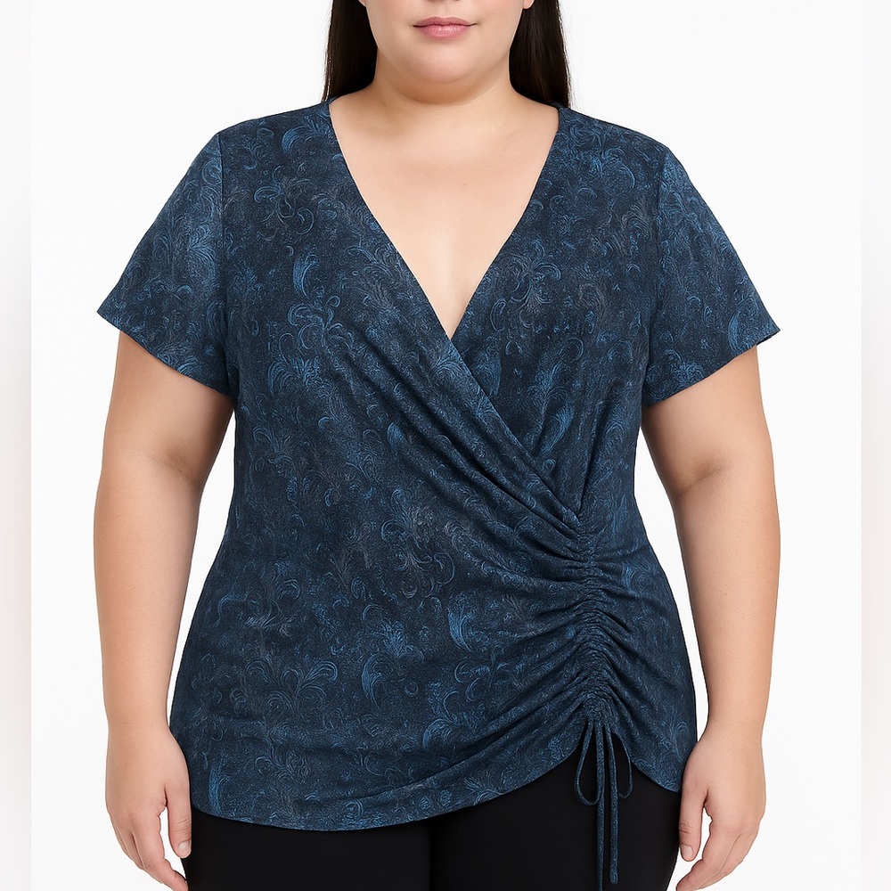 Encore women’s faux wrap slinky blue boho paisley blouse size 2X flutter sleeve